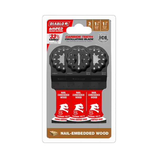 Diablo DOS125CW3 - 1-1/4" AMPED™ Demo Demon™ Starlock Carbide Teeth Oscillating Blades for Nail-Embedded Wood (3-pk)