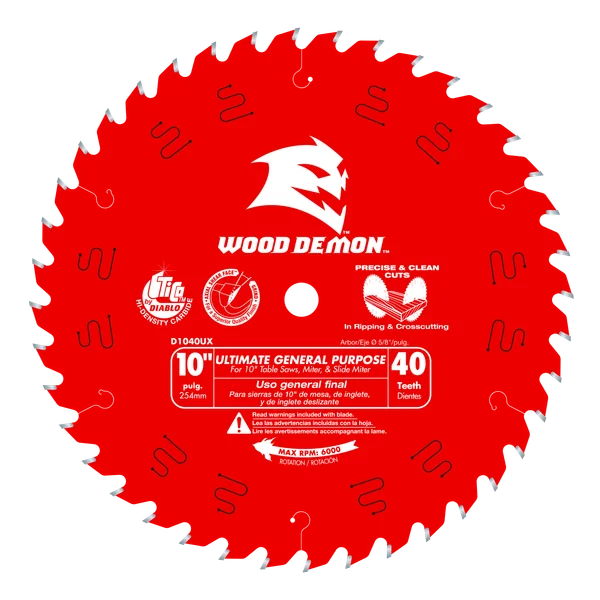 Diablo D1040UX - 10" x 40-Teeth Wood Demon™ Ultimate General Purpose Carbide Saw Blade for Wood