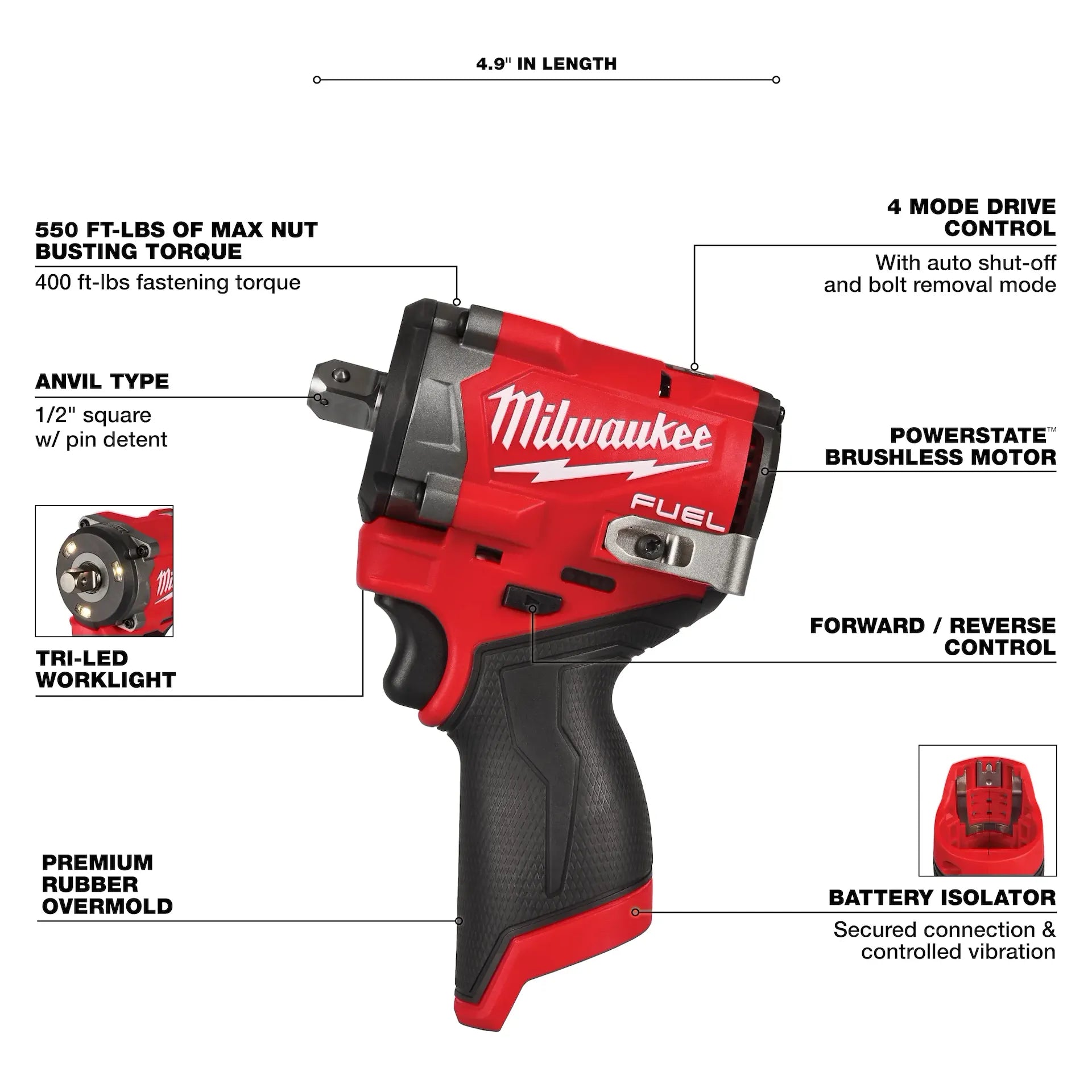 Milwaukee 2563P-20 - M12 FUEL™ Stubby 1/2" Impact Wrench w/ Pin Detent