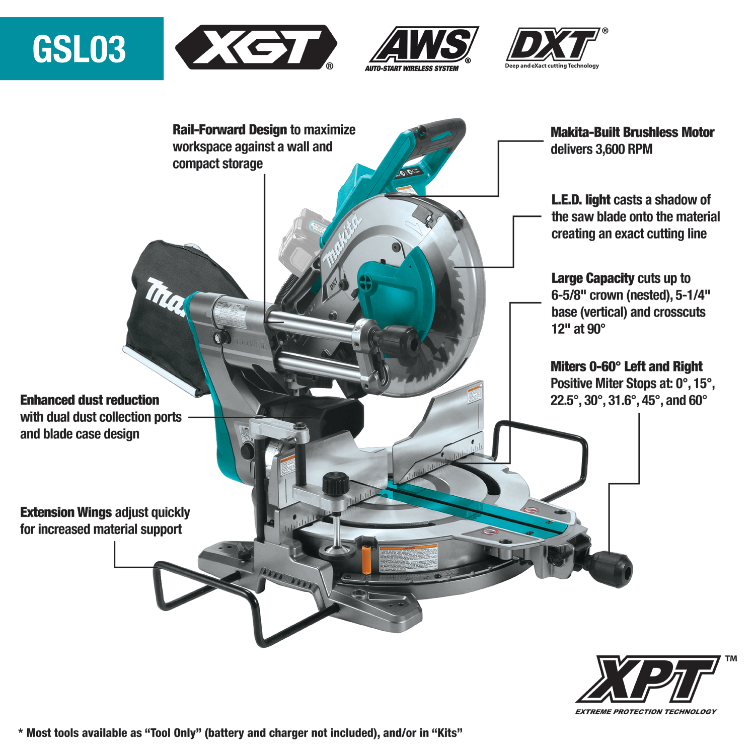 Makita GSL03Z - 40V max XGT® Brushless Cordless 10" Dual‑Bevel Sliding Compound Miter Saw, AWS® Capable