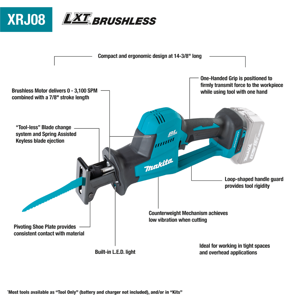 Makita XRJ08Z - 18V LXT® Lithium‑Ion Brushless Cordless Compact One‑Handed Recip Saw