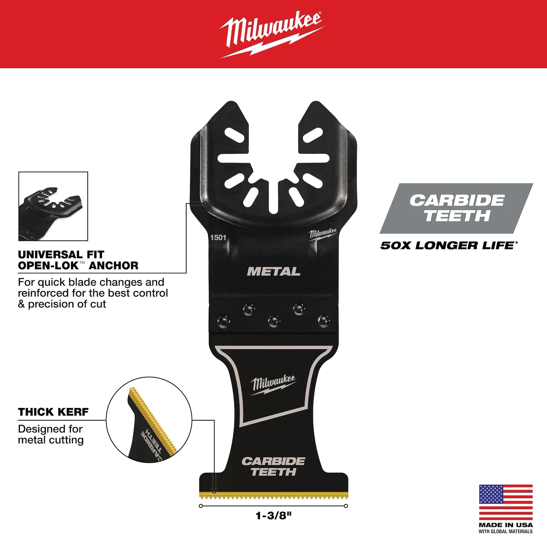 Milwaukee 49-25-1505 - 1-3/8" Carbide Teeth Metal Universal Fit Oscillating Multi-Tool Blades
