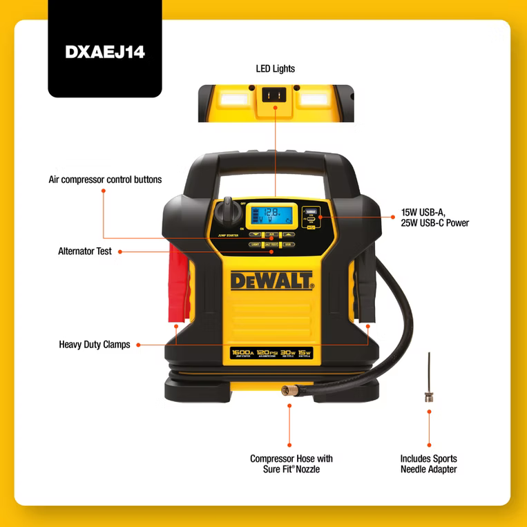 DEWALT DXAEJ14 TYPE 2 - 1600 Peak Amp Jump Starter with Digital Compressor and USB Power Bank