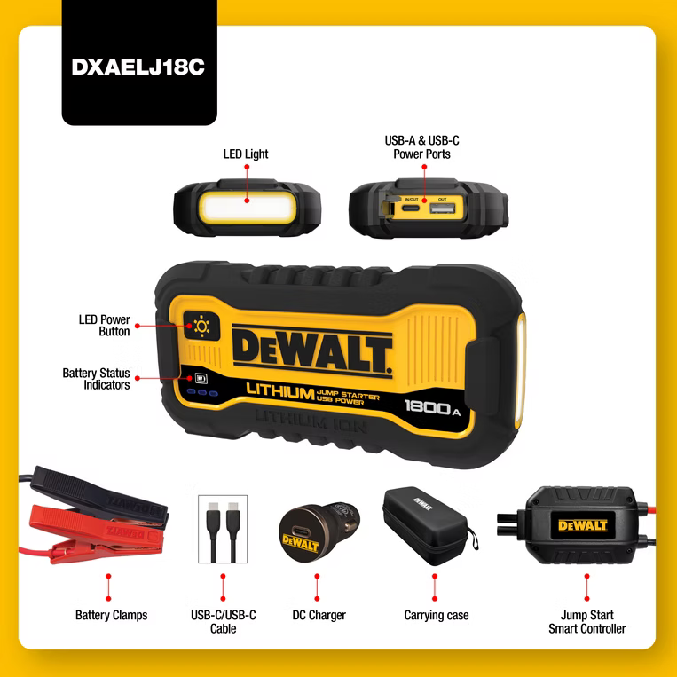 DEWALT DXAELJ18C - 1800 Peak Amp Lithium Jump Starter with USB Power Bank & Case