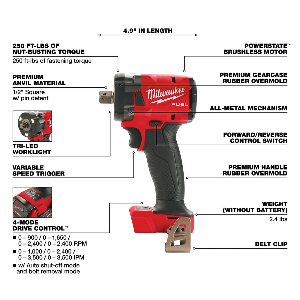 Milwaukee 2855P-20 - M18 FUEL™ 1/2 Compact Impact Wrench w/ Pin Detent - Wise Line Tools