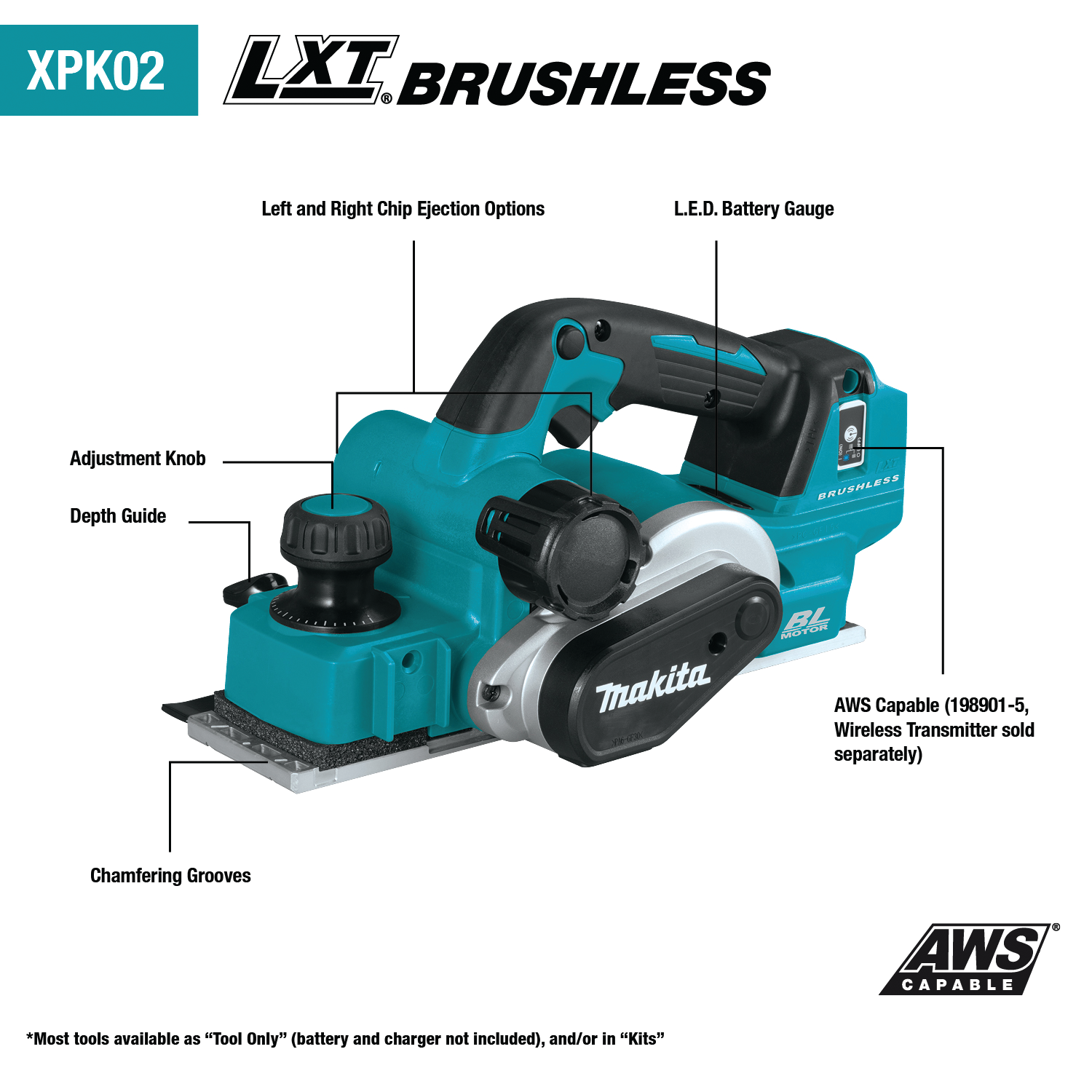 Makita XPK02Z - 18V LXT® Lithium‑Ion Brushless Cordless 3‑1/4" Planer, AWS® Capable, Tool Only