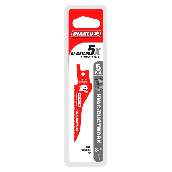 Diablo DS0332BF5 - 3-1/4" 32TPI Bi-Metal Reciprocating Saw Blades for HVAC/Ductwork (5-pk)