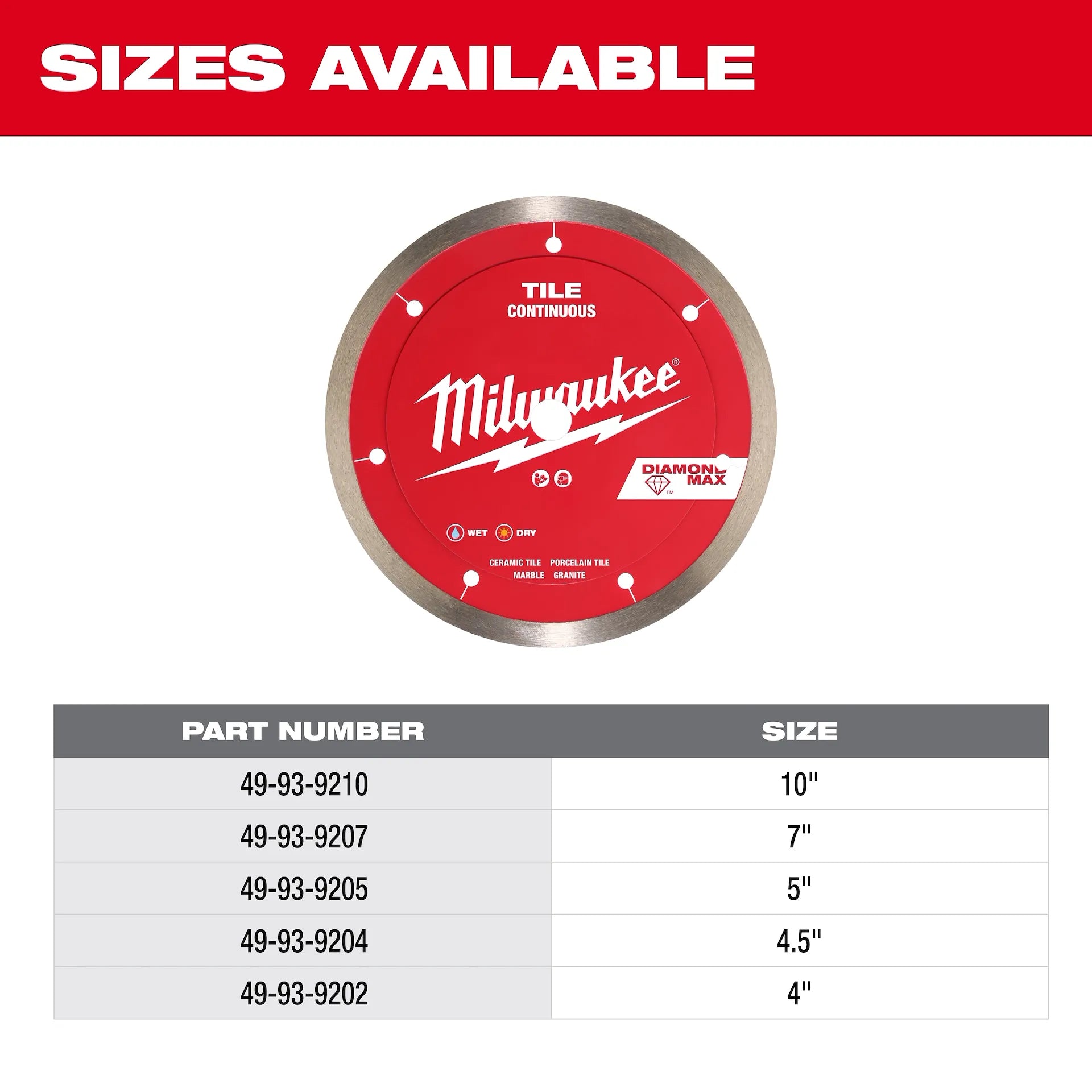 Milwaukee 49-93-9210 - 10" DIAMOND MAX™ Continuous, Tile Diamond Blade