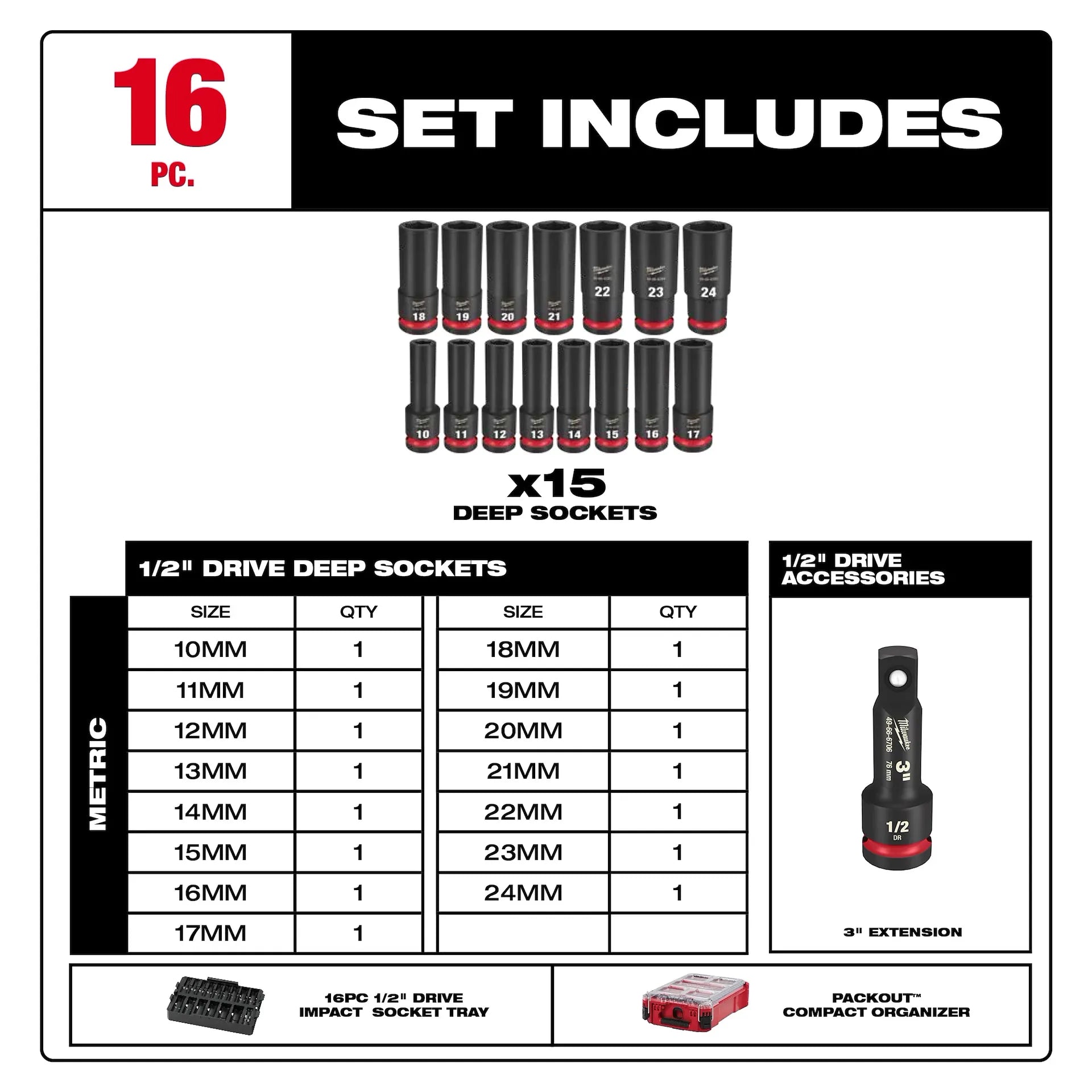 Milwaukee 49-66-6803 - 16PC SHOCKWAVE™ Impact Duty Socket 1/2” Drive 16PC MM Set with PACKOUT™