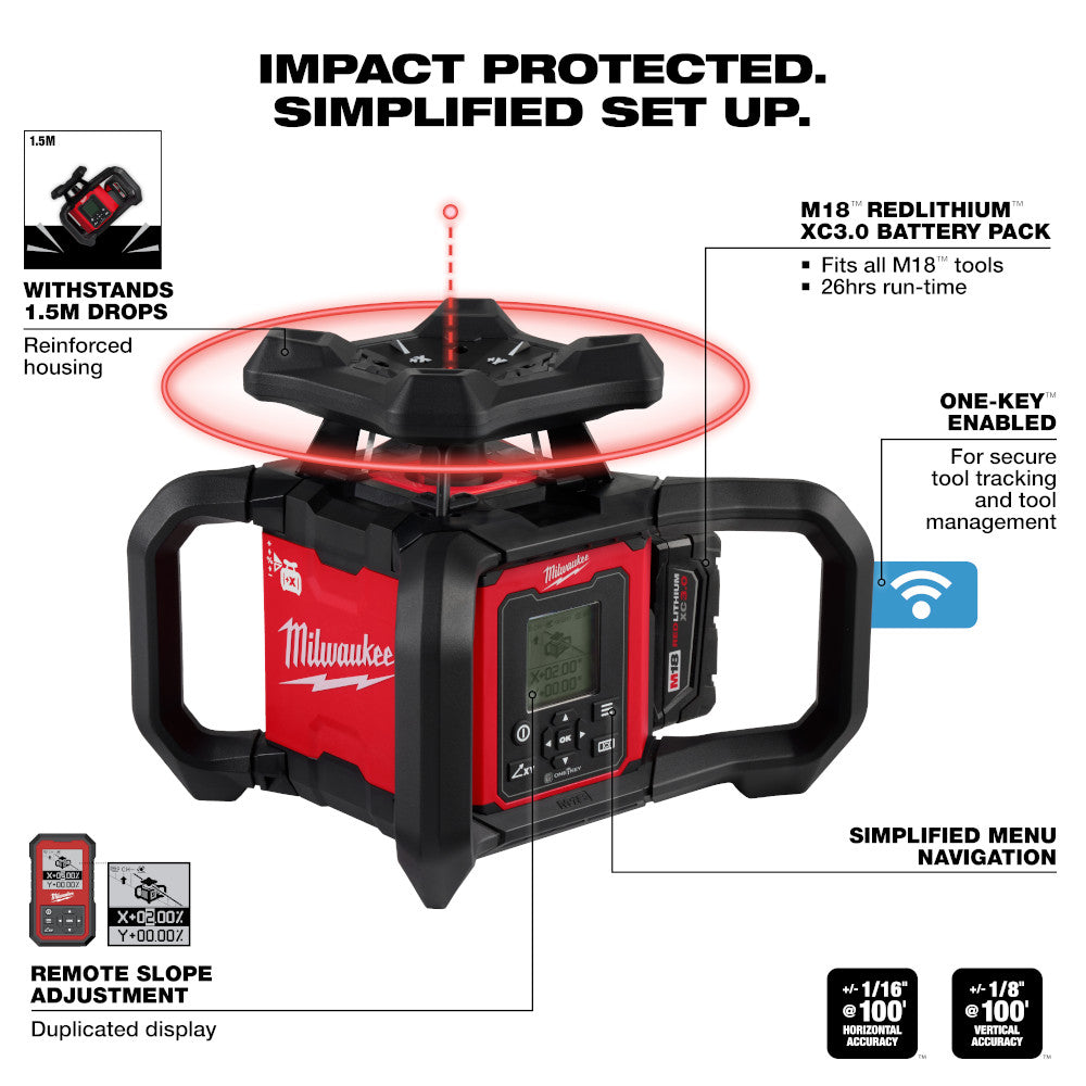 Milwaukee 3704-21 - M18™ Red Exterior Dual Slope Rotary Laser Level Kit w/ Receiver & Remote - Wise Line Tools