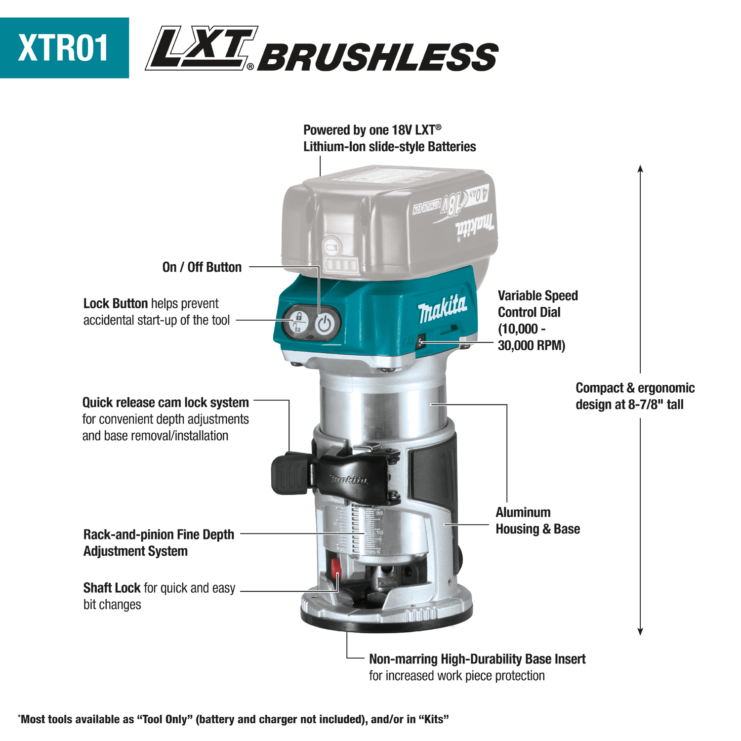 Makita XTR01Z - 18V LXT® Lithium‑Ion Brushless Cordless Compact Router, Tool Only