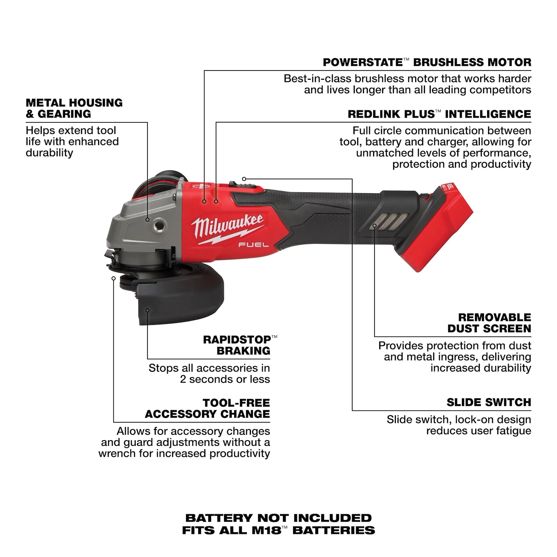 Milwaukee 2889-20 - M18 FUEL 4-1/2" / 5" Variable Speed Braking Grinder, Slide Switch Lock-On