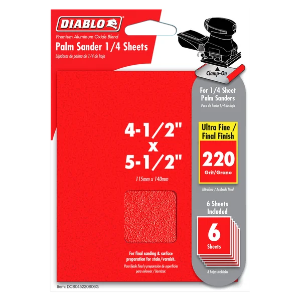 Diablo DCS045220S06G - 4-1/2" x 5-1/2" 220-Grit Palm Sander 1/4 Sanding Sheets (6-pk)