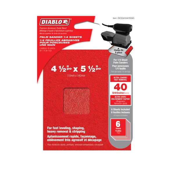 Diablo DCS045040S06G - 4-1/2" x 5-1/2" 40-Grit Palm Sander 1/4 Sanding Sheets (6-pk)