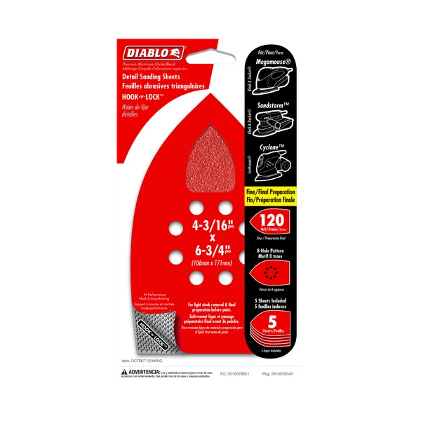 Diablo DCTDET120H05G - 4-3/16" x 6-3/4" 120-Grit Hook & Lock™ MegaMouse Detail Sanding Sheets (5-pk)