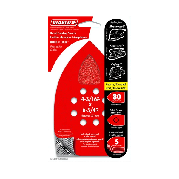 Diablo DCTDET080H05G - 4-3/16" x 6-3/4" 80-Grit Hook & Lock™ MegaMouse Detail Sanding Sheets (5-pk)