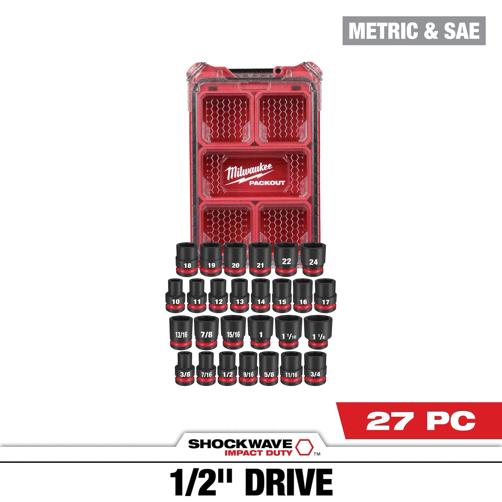 Milwaukee 49-66-6804 - 27PC SHOCKWAVE™ Impact Duty Socket 1/2” Drive MM & SAE Set with PACKOUT™