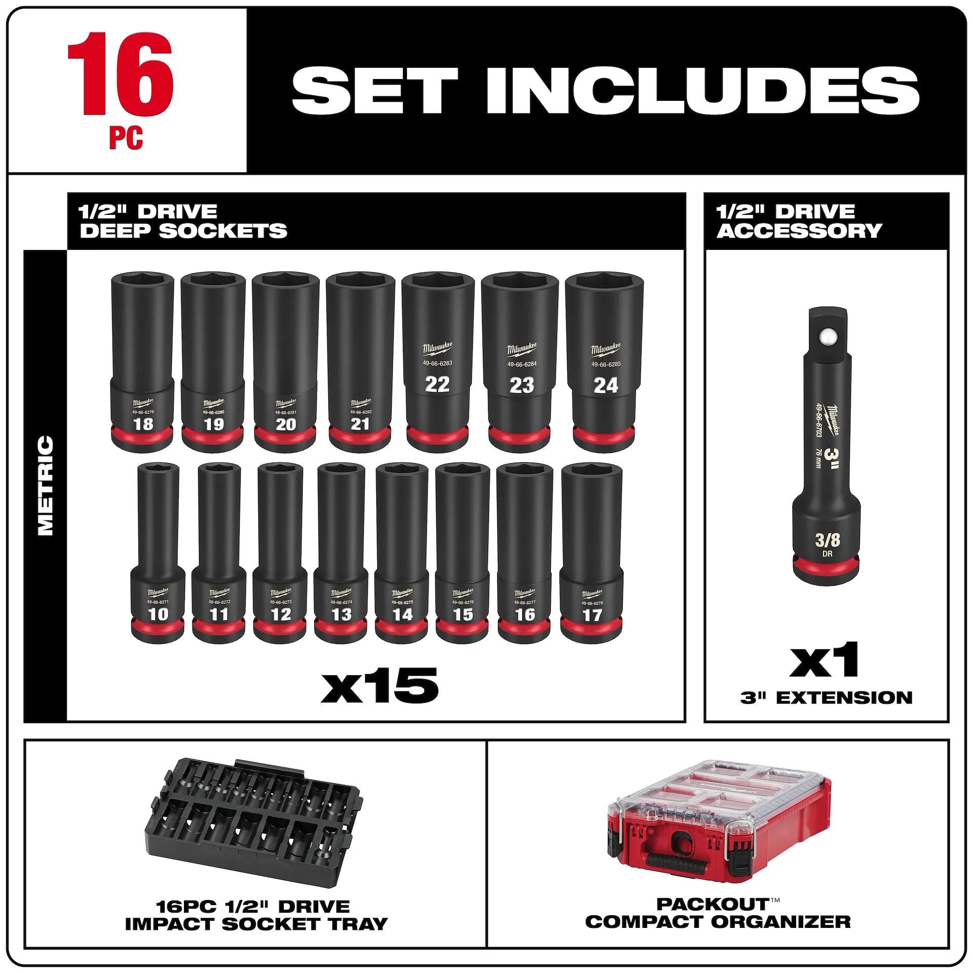 Milwaukee 49-66-6803 - 16PC SHOCKWAVE™ Impact Duty Socket 1/2” Drive 16PC MM Set with PACKOUT™