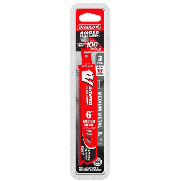 Diablo DS0610CFA3 - 6" 10TPI AMPED™ Steel Demon™ Carbide Teeth Reciprocating Saw Blade for Medium Metal (3-pk)
