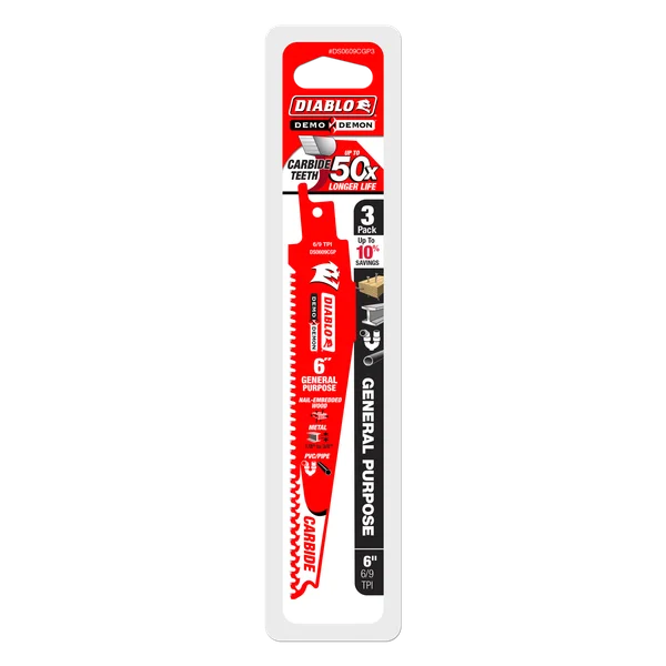 Diablo DS0609CGP3 - 6" 6/9 TPI Demo Demon™ Carbide Teeth Reciprocating Saw Blades for General Purpose Cuts (3-pk)