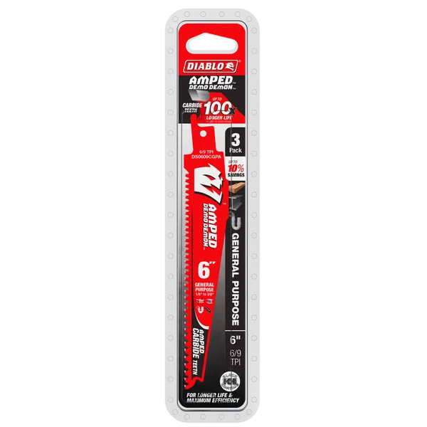 Diablo DS0609CGPA3 - 6" 6/9TPI AMPED™ Demo Demon™ Carbide Teeth Reciprocating Saw Blades for General Purpose Cuts (3-pk)