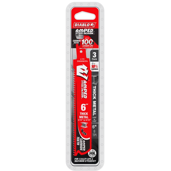 Diablo DS0608CFA3 - 6" 8TPI AMPED™ Steel Demon™ Carbide Teeth Reciprocating Saw Blades for Thick Metal (3-pk)