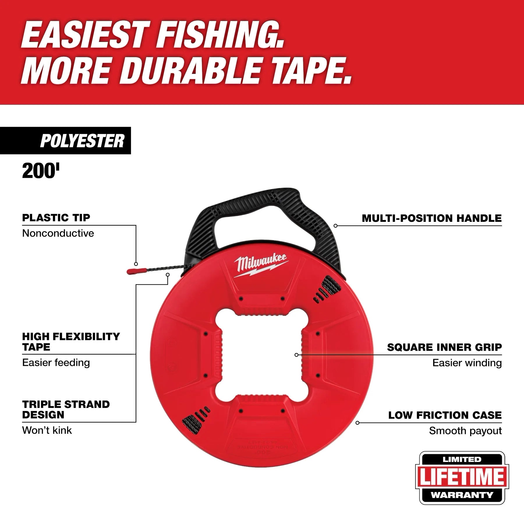 Milwaukee 48-22-4197 - 200' Polyester Fish Tape w/ Flexible Metal Leader