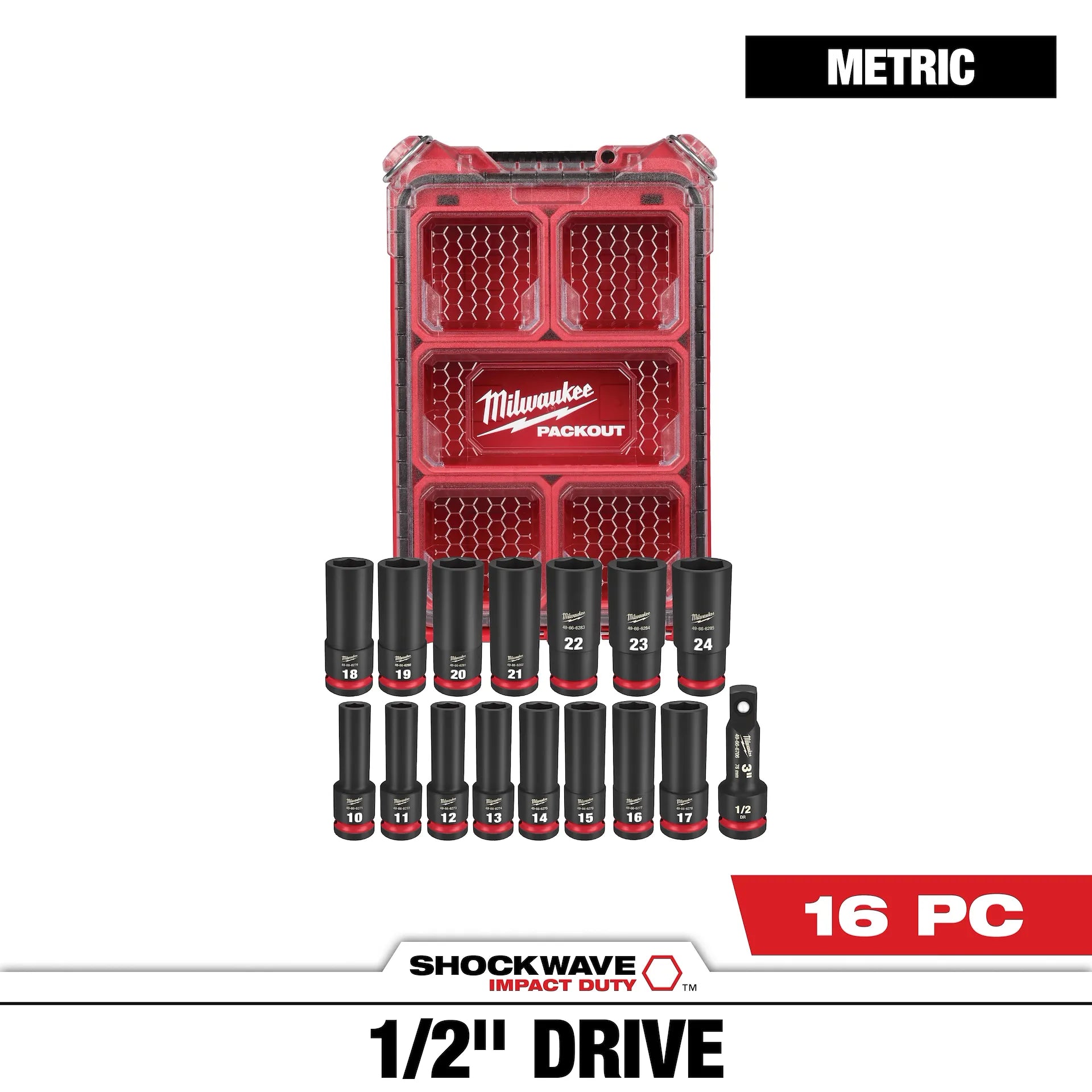 Milwaukee 49-66-6803 - 16PC SHOCKWAVE™ Impact Duty Socket 1/2” Drive 16PC MM Set with PACKOUT™