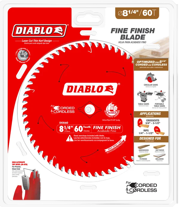 Diablo D0860X - 8-1/4" x 60-Teeth Fine Finish Saw Blade for Wood