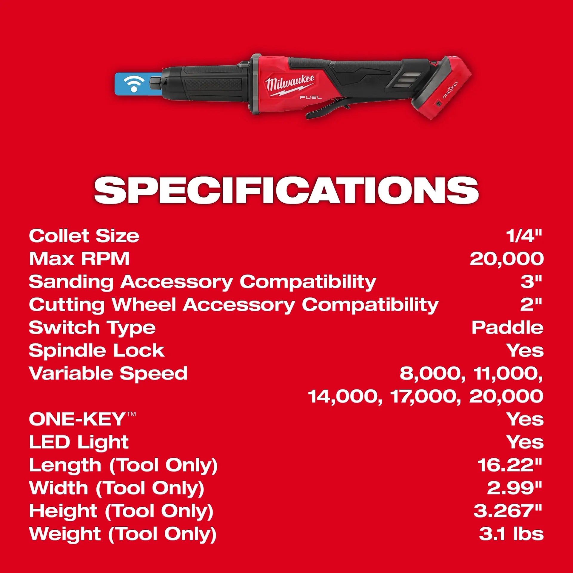 Milwaukee 2984-20 - M18 FUEL™ Variable Speed, Braking Die Grinder, Paddle Switch w/ ONE-KEY™