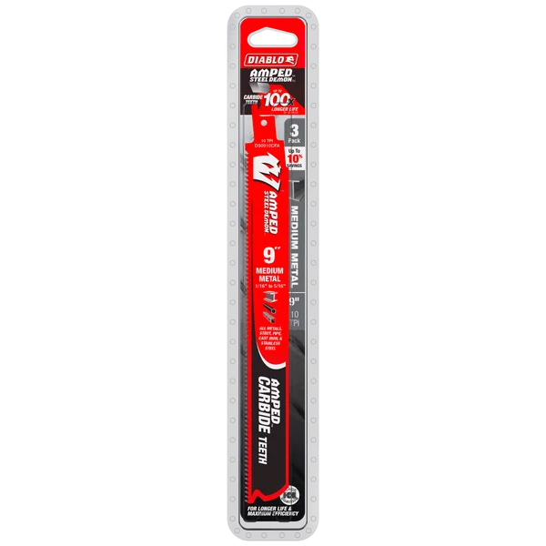 Diablo DS0910CFA3 - 9" 10TPI AMPED™ Steel Demon™ Carbide Teeth Reciprocating Saw Blades for Medium Metal (3-pk)