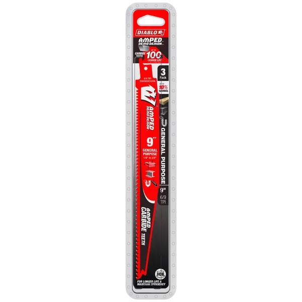 Diablo DS0909CGPA3 - 9" 6/9TPI AMPED™ Demo Demon™ Carbide Teeth Reciprocating Saw Blades for General Purpose Cuts (3-pk)