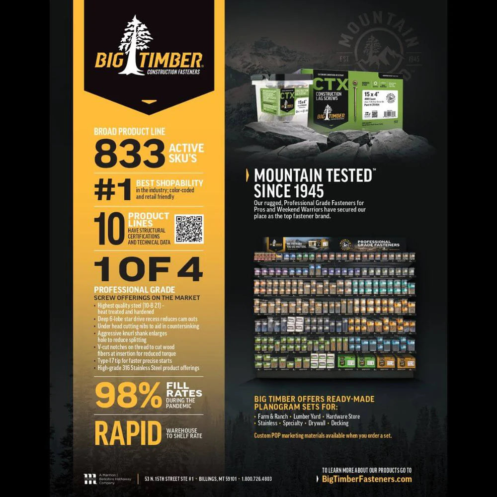 Big Timber CTX154 - #15 x 4" Construction Lag Screws, T-30, Round Washer Head (400/Box)