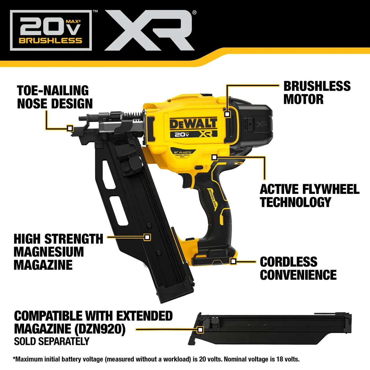 DEWALT DCN920B - 20V MAX* XR® Brushless Cordless 21° Plastic Collated Framing Nailer