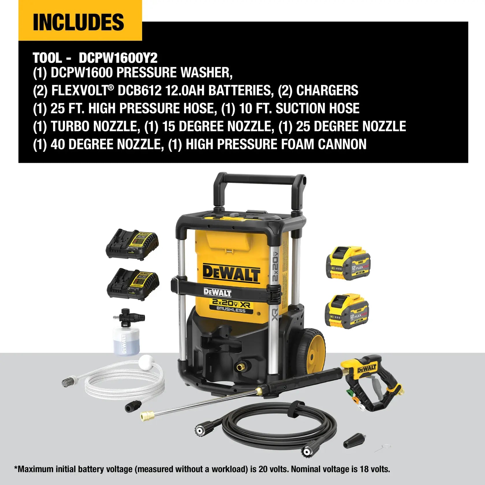 DEWALT DCPW1600Y2 - 2X20V MAX 1,600 MAX PSI 1.2 GPM Brushless Cordless Pressure Washer Kit