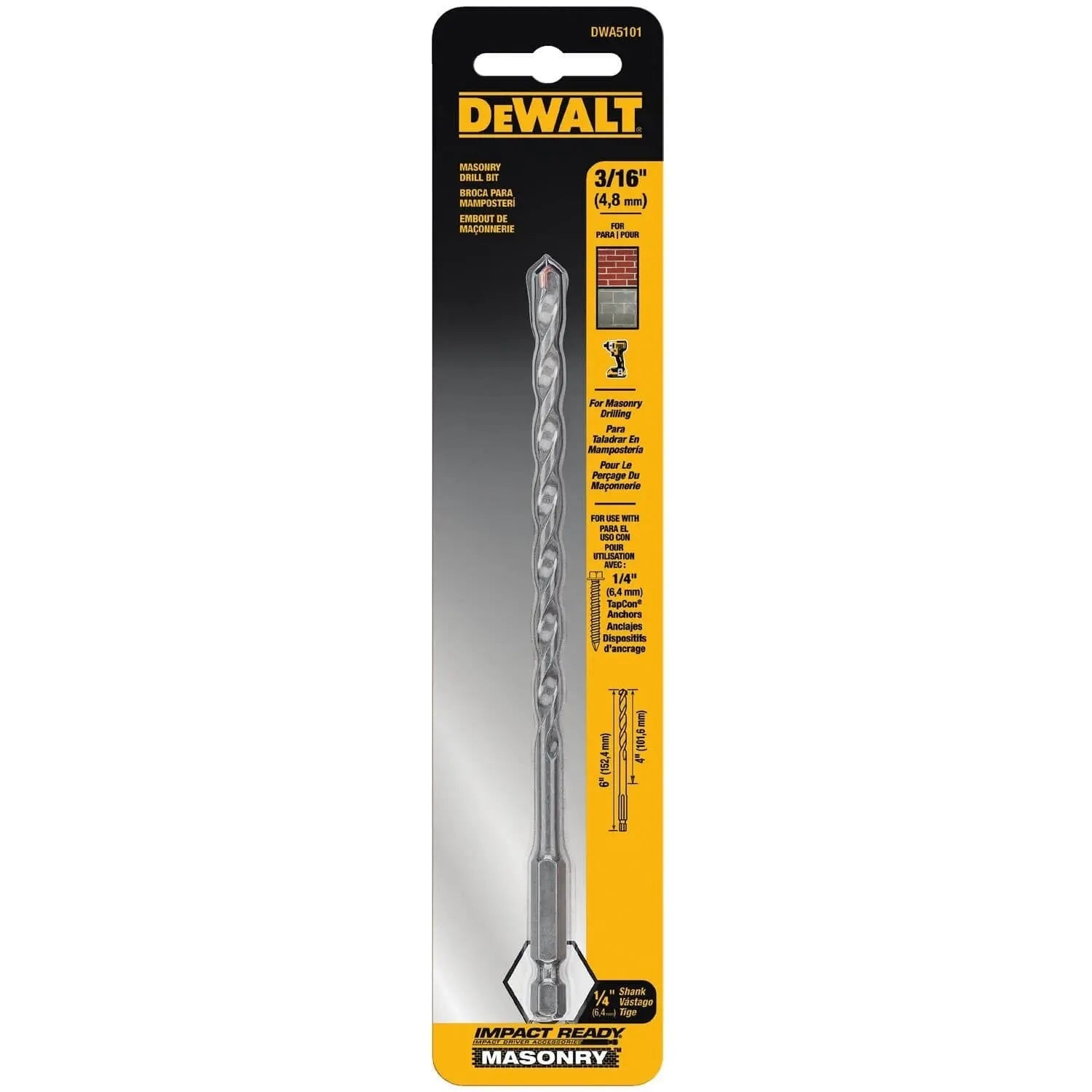 DEWALT DWA5101-Masonry Drill Bit, Impact Ready, 3/16-Inch X 4-Inch X 6-Inch - Wise Line Tools
