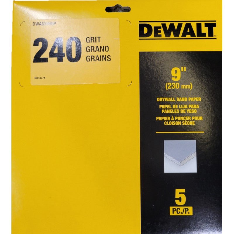 DEWALT DWAS2405P-9In Drywall Sand Paper 5Pk 240G - Wise Line Tools