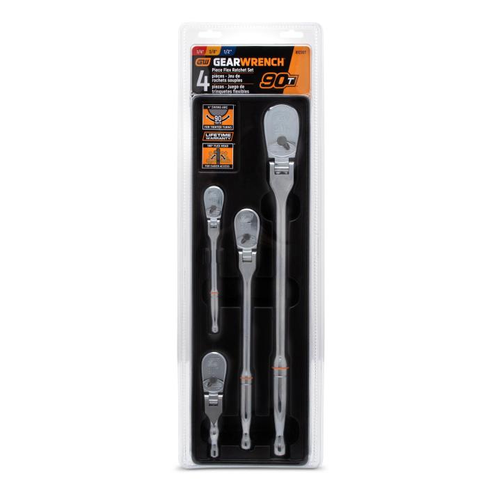 Gearwrench 81230T - 4 Piece 1/4", 3/8" & 1/2" Drive 90-Tooth Flex Head Teardrop Ratchet Set
