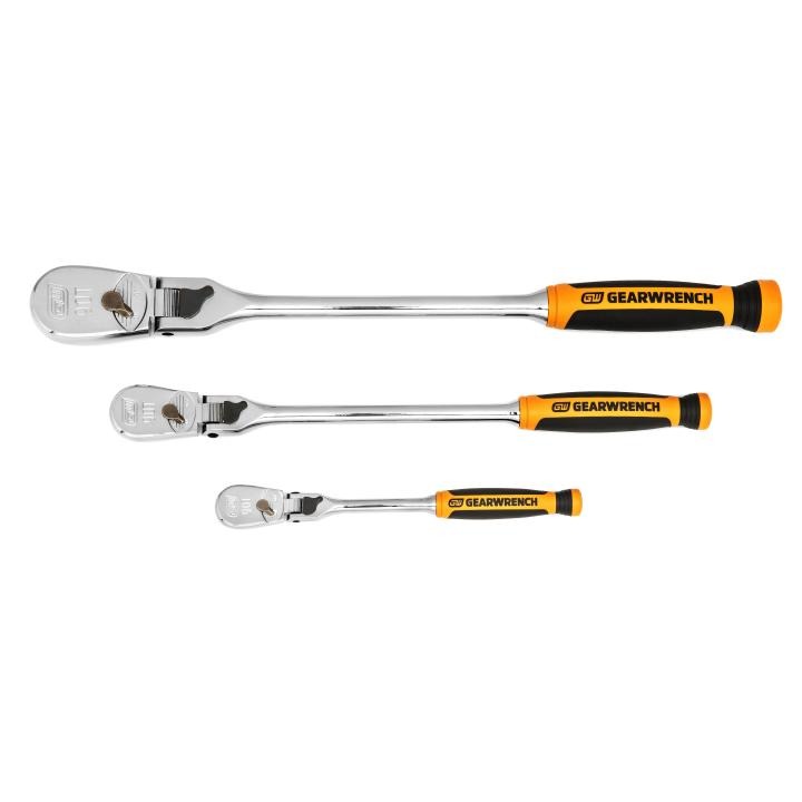 Gearwrench 81298T - 3 Piece 1/4", 3/8" & 1/2" Drive 90-Tooth Dual Material Locking Flex Head Ratchet Set