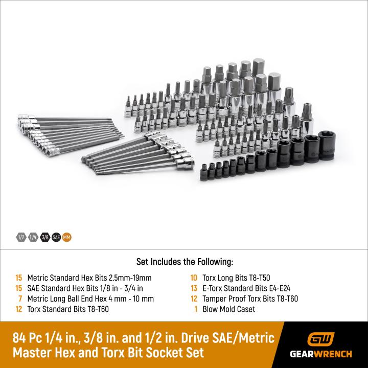 Gearwrench 80742 - 84 Piece 1/4", 3/8" & 1/2" Drive Hex/Ball End Hex/Tamper Proof Torx®/External Torx®/Torx® SAE/Metric Bit Set