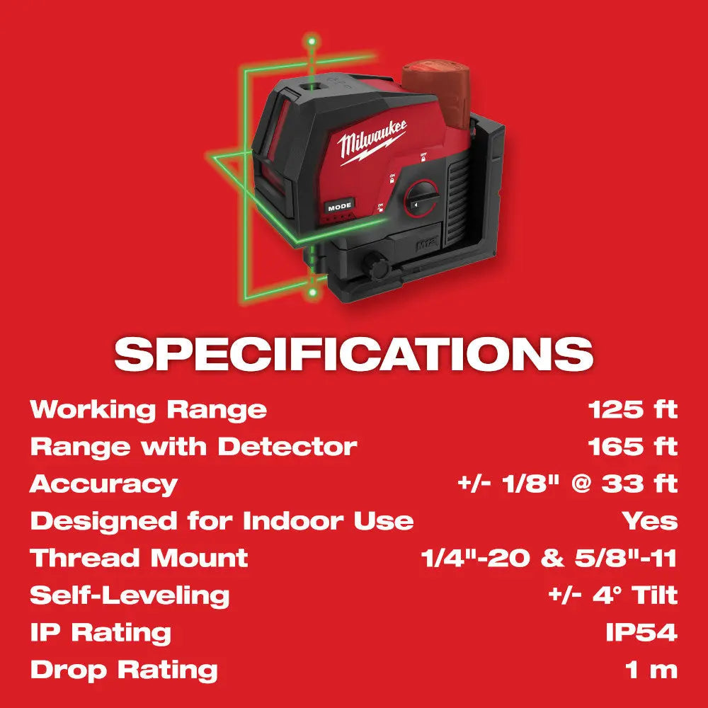 Milwaukee 3622-20 - M12™ Green Cross Line & Plumb Points Laser - Wise Line Tools