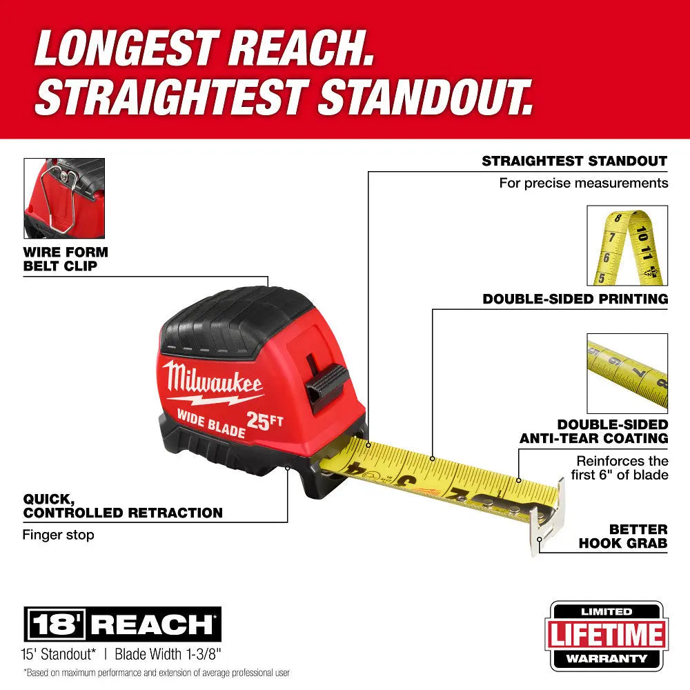 Milwaukee 48-22-1225 - 25ft Wide Blade Tape Measure - Wise Line Tools