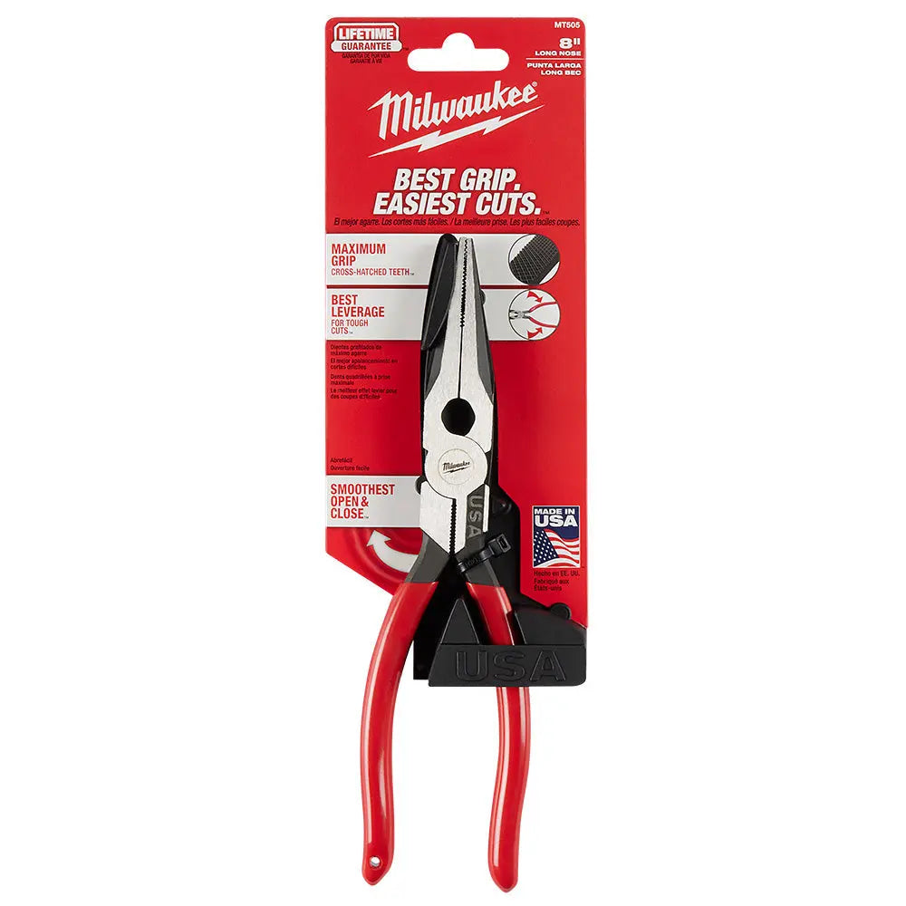 Milwaukee MT505 - 8" Long Nose Dipped Grip Pliers (USA) - Wise Line Tools