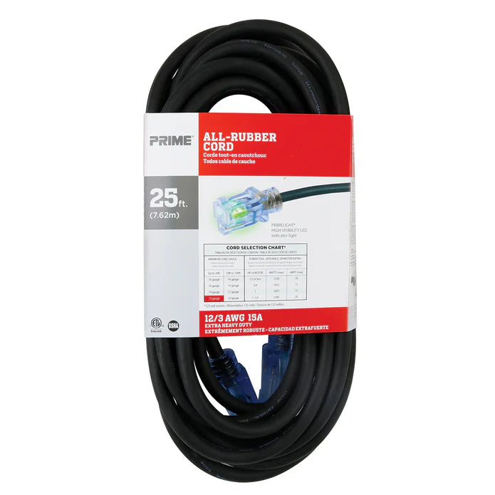 PRIME SEEC732825 - 25ft 12/3 SJOOW All-Rubber Outdoor Extension Cord