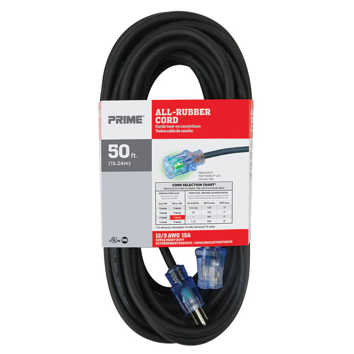 PRIME SEEC732830 - 50ft 12/3 SJOOW All-Rubber Outdoor Extension Cord