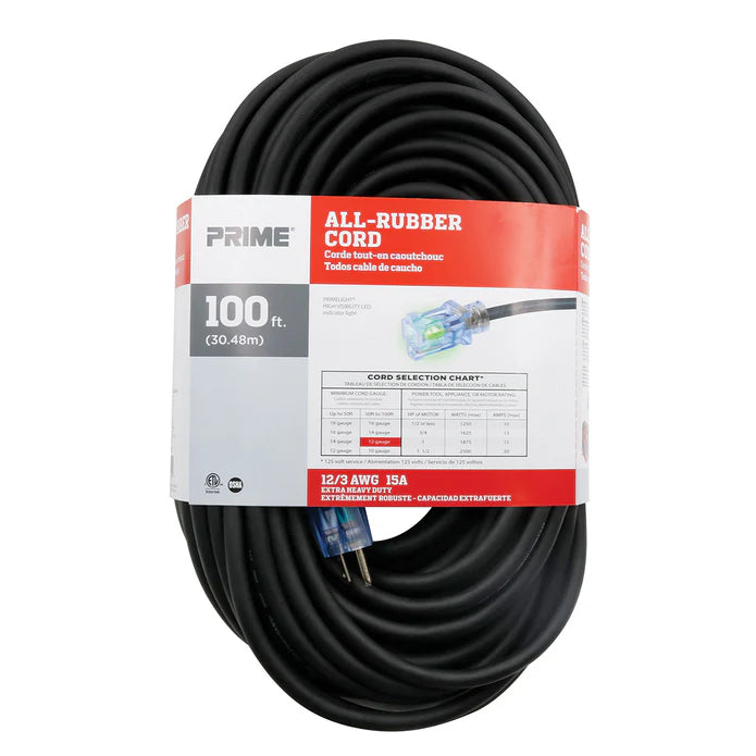 PRIME SEEC732835 - 100ft 12/3 SJOOW All-Rubber Outdoor Extension Cord