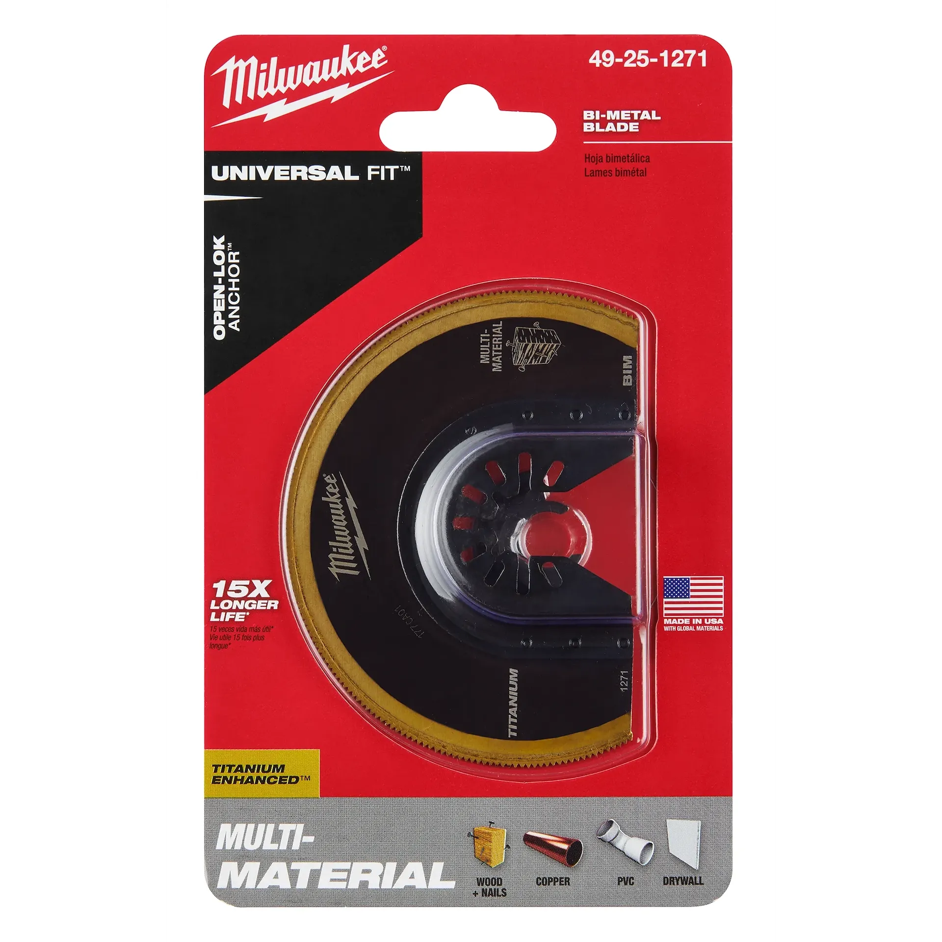 Milwaukee 49-25-1271 - 3-1/2" OPEN-LOK™ TITANIUM CHARGED™ Bi-Metal Multi-Material Universal Fit Oscillating Multi-Tool Blade