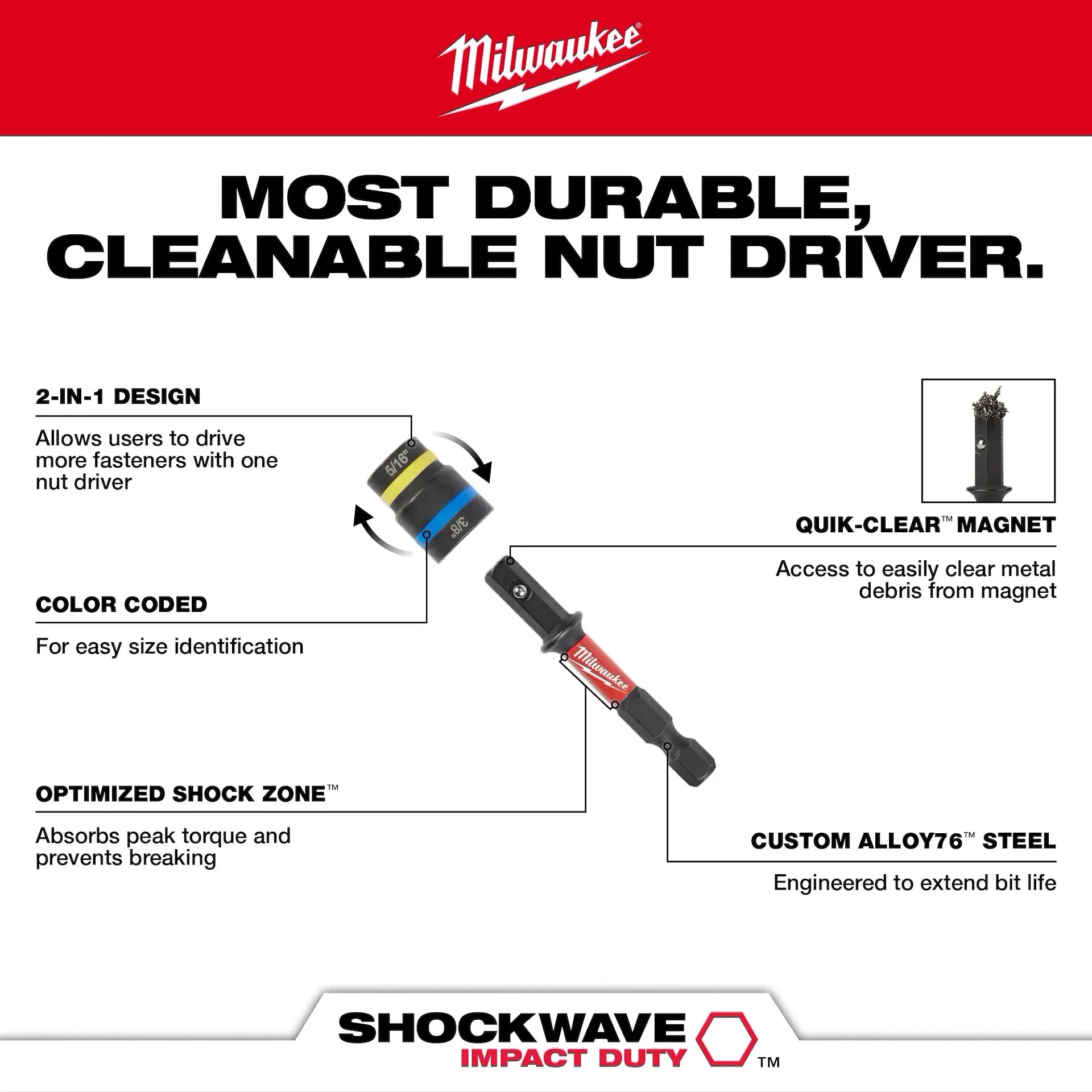 Milwaukee 49-66-4543 - 5/16" - 3/8" SHOCKWAVE Impact Duty™ QUIK-CLEAR™ 2-in-1 Magnetic Nut Driver