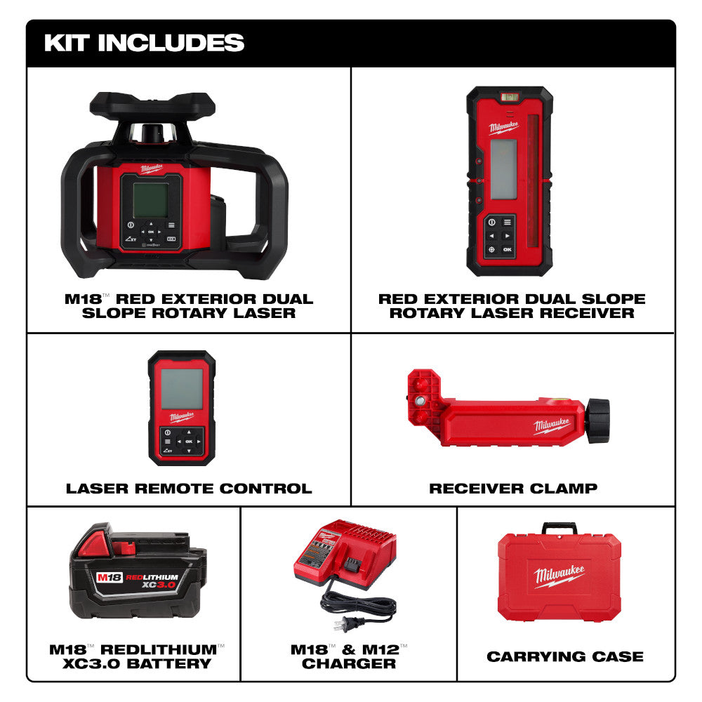 Milwaukee 3704-21 - M18™ Red Exterior Dual Slope Rotary Laser Level Kit w/ Receiver & Remote - Wise Line Tools