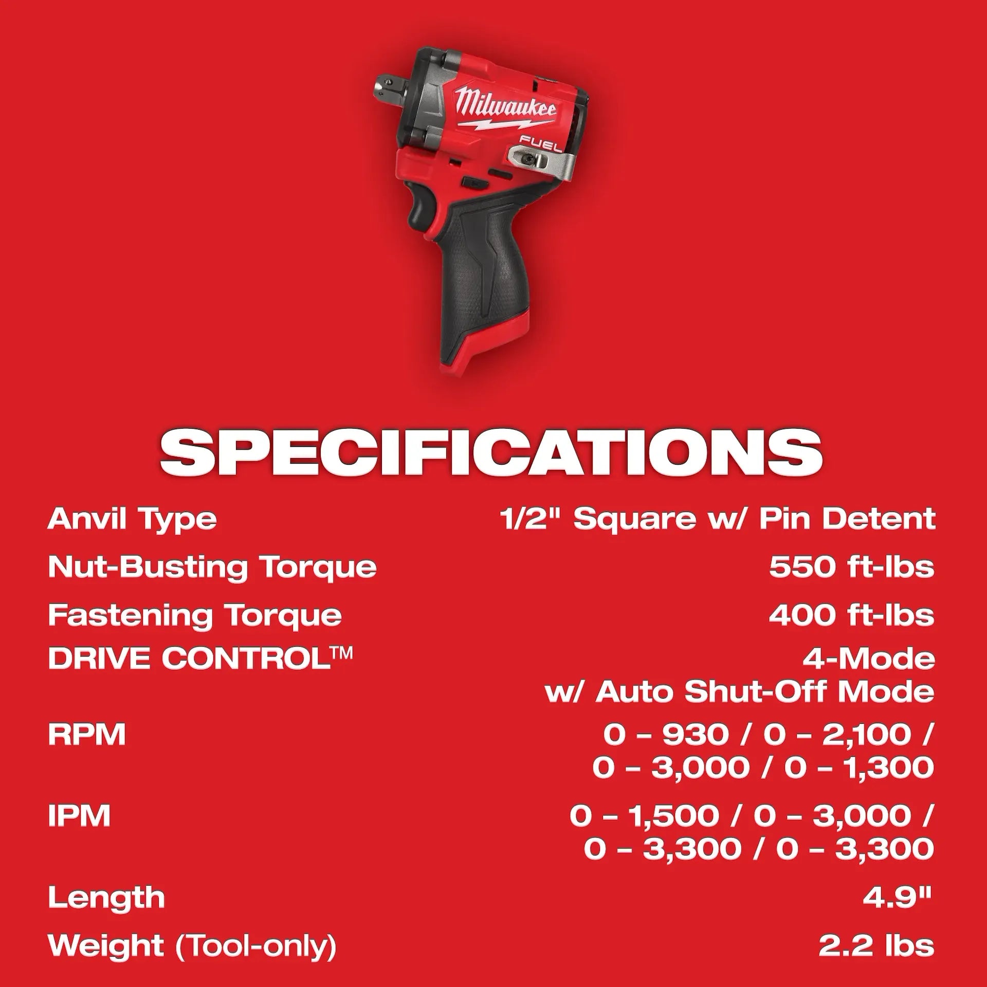Milwaukee 2563P-20 - M12 FUEL™ Stubby 1/2" Impact Wrench w/ Pin Detent